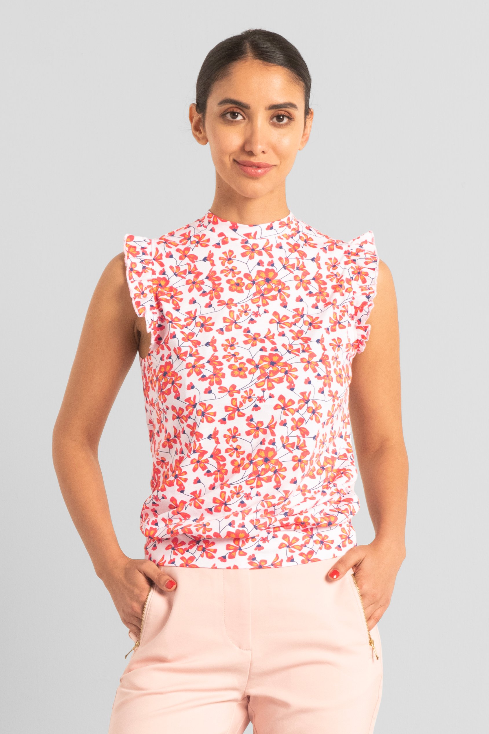 Enorsia Women's Red Floral Printed Smocked Hem Frill Top - Uk 14