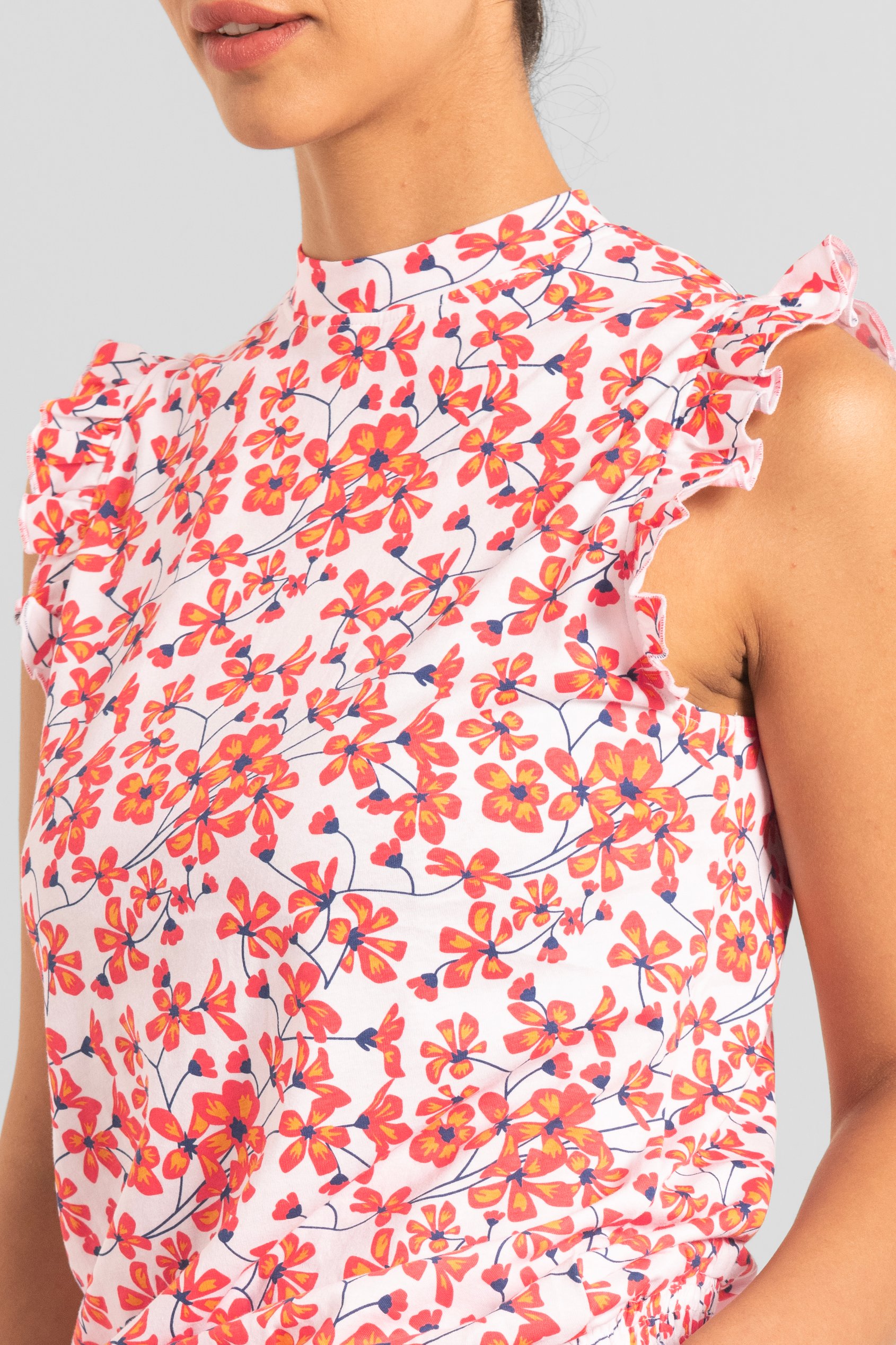 Floral Printed Smocked Hem Frill Top