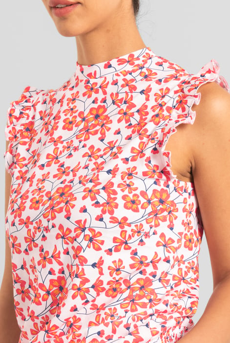 Red Floral Printed Smocked Hem Frill Top