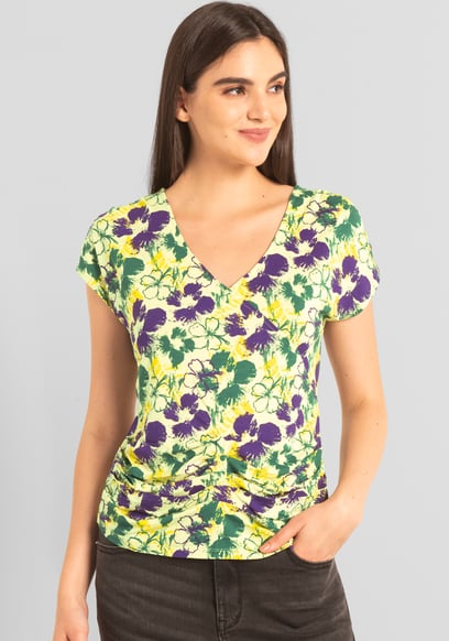 Womens Floral Print Wrap Ruffle Sleeve Top