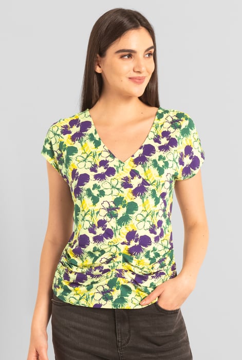 Womens Yellow Floral Print Wrap Ruffle Sleeve Top