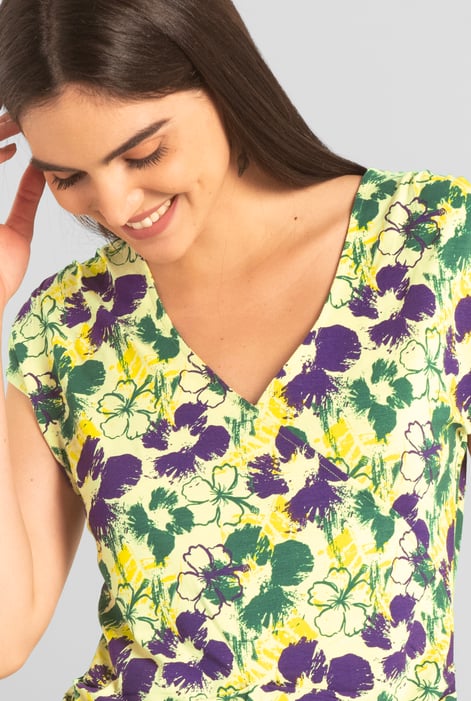 Womens Yellow Floral Print Wrap Ruffle Sleeve Top