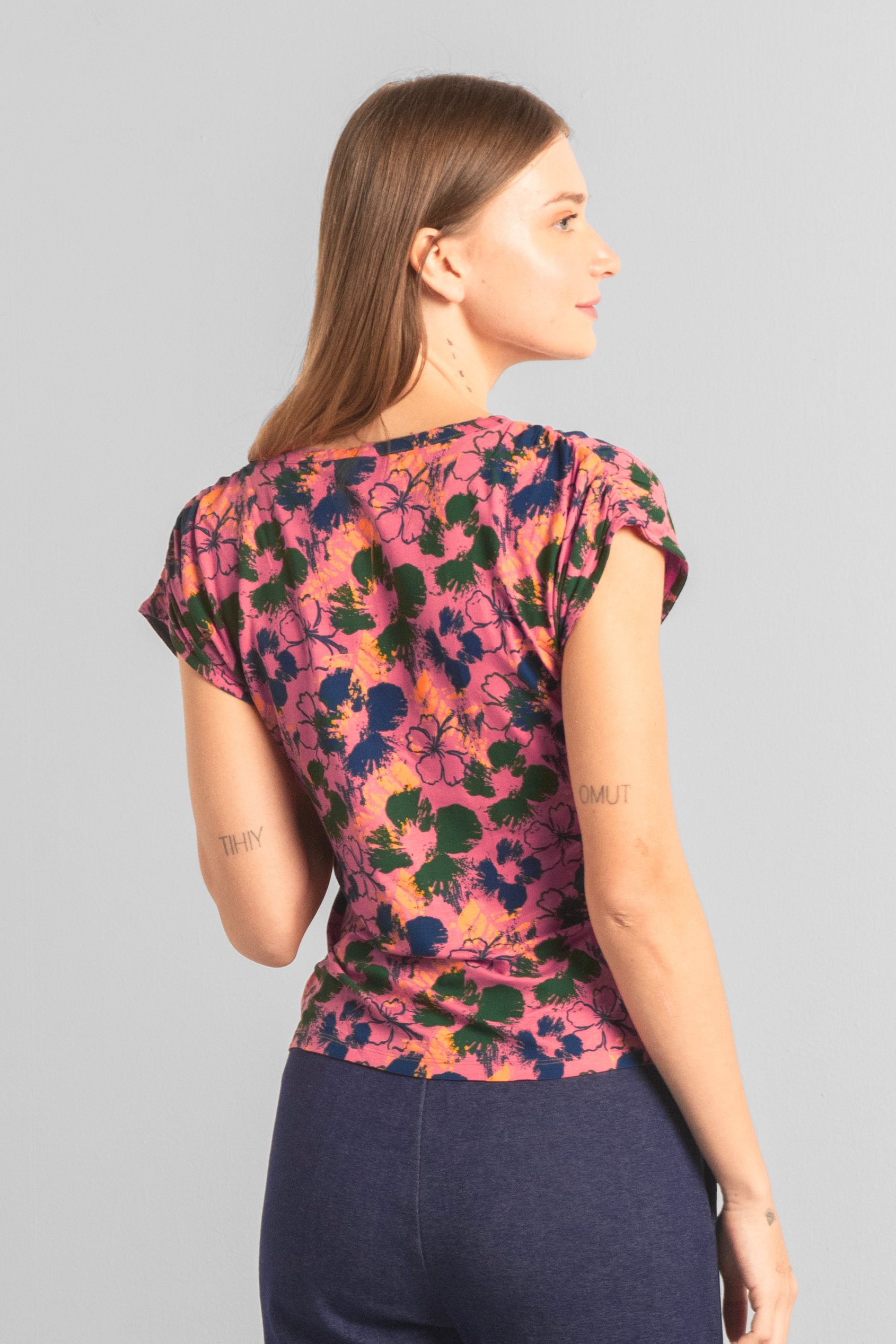 Womens Floral Print Wrap Ruffle Sleeve Top