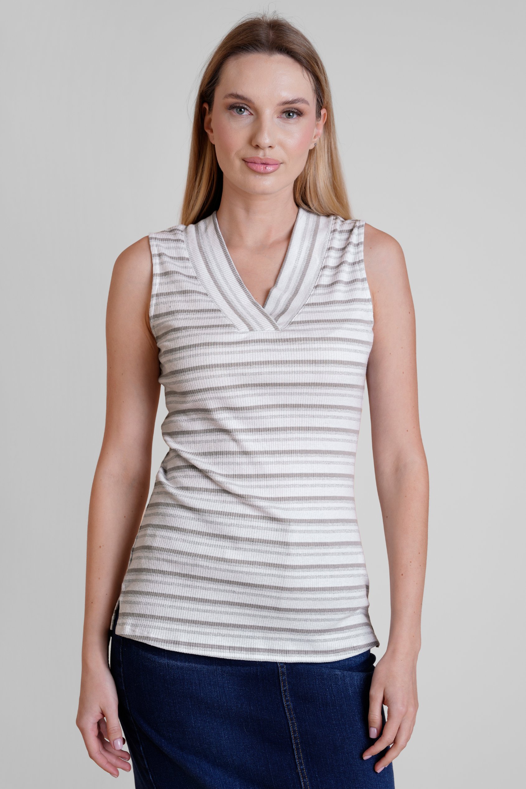 Enorsia Women's White Metallic V Neck Sleeveless Top - Uk 18