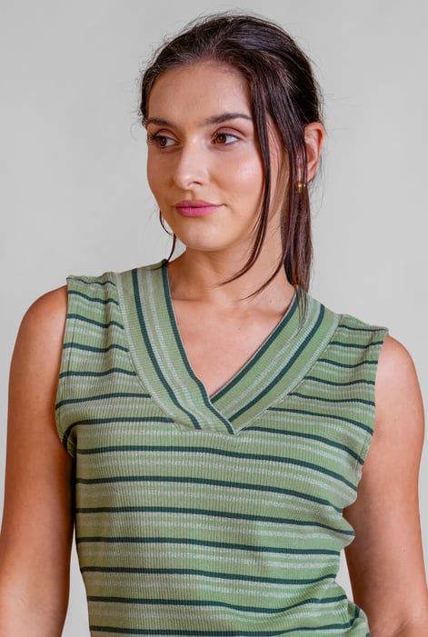 Green Silver Metallic V-Neck V Back Tops