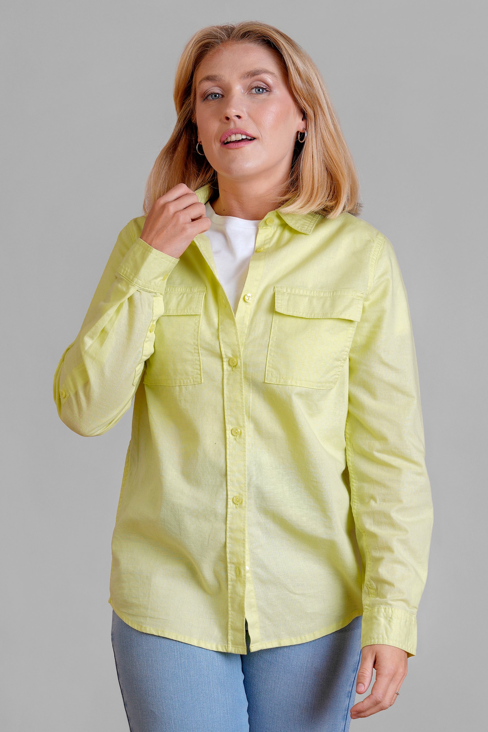 Enorsia Women's Yellow Lime Green Relaxed Fit Cotton-Linen Shirt - Uk 10
