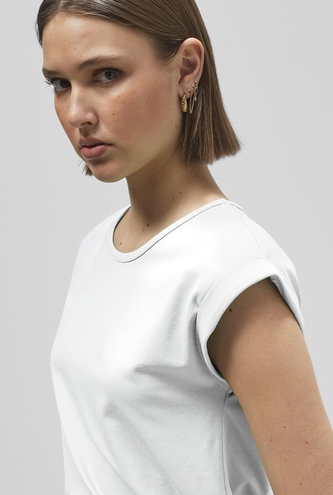 White Shoulder Padded Cap-Sleeve Roll-Up T-Shirt