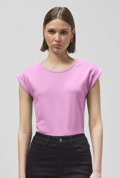 White Shoulder Padded Cap-Sleeve Roll-Up T-Shirt
