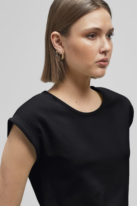 Shoulder Padded Cap-Sleeve Roll-Up T-Shirt