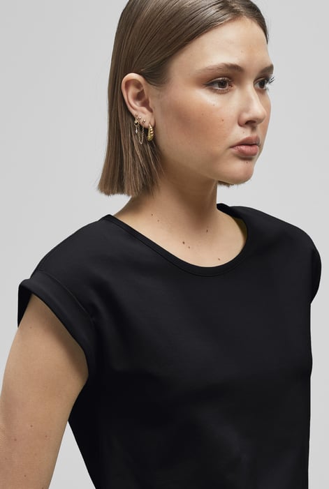 Black Shoulder Padded Cap-Sleeve Roll-Up T-Shirt
