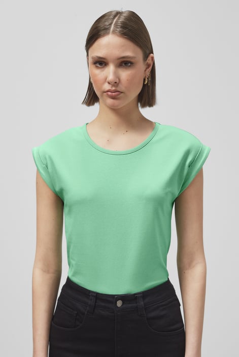 White Shoulder Padded Cap-Sleeve Roll-Up T-Shirt