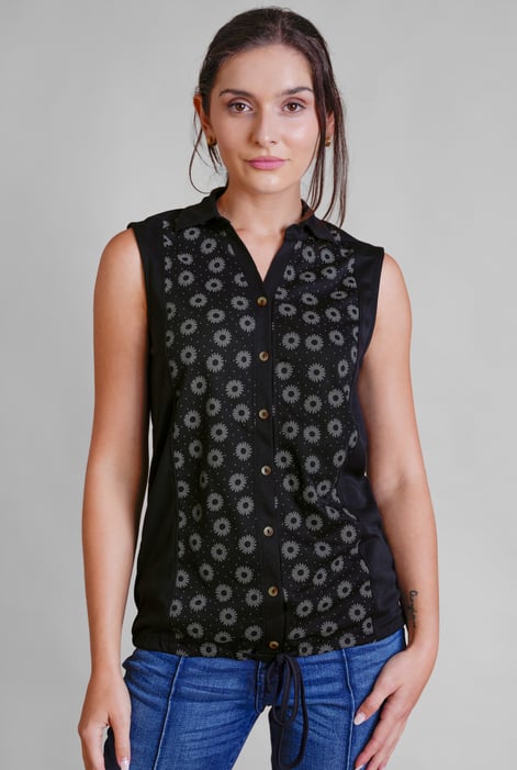 Black Sleeveless Printed Tie Hem Tops