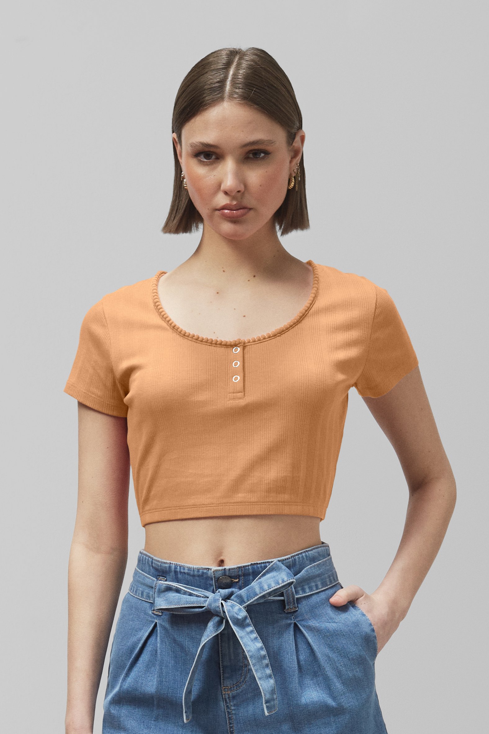 Enorsia Women's Yellow Snap Button Details Crop Tank Top - Uk 16