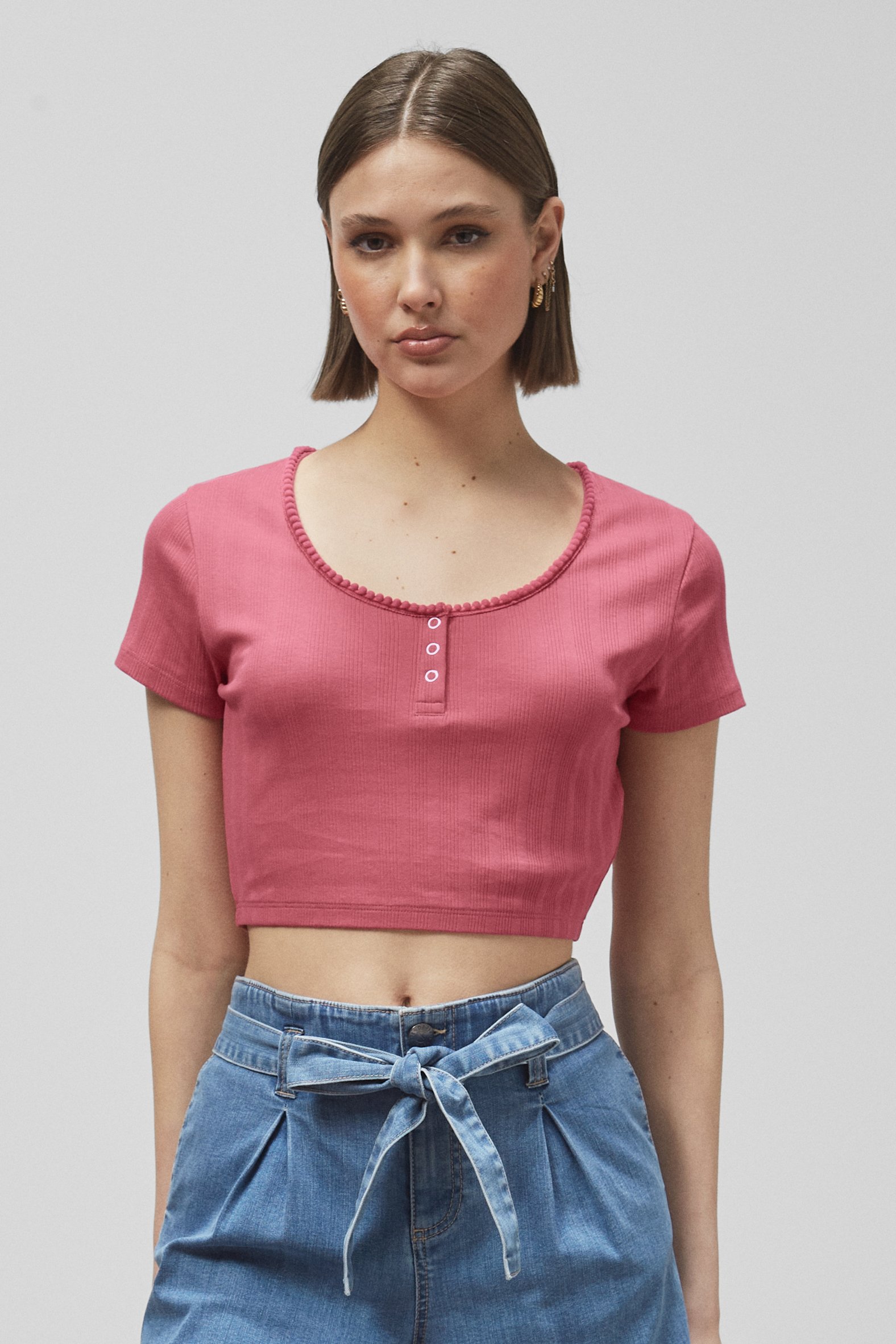Enorsia Women's Red Snap Button Details Crop Tank Top - Uk 14