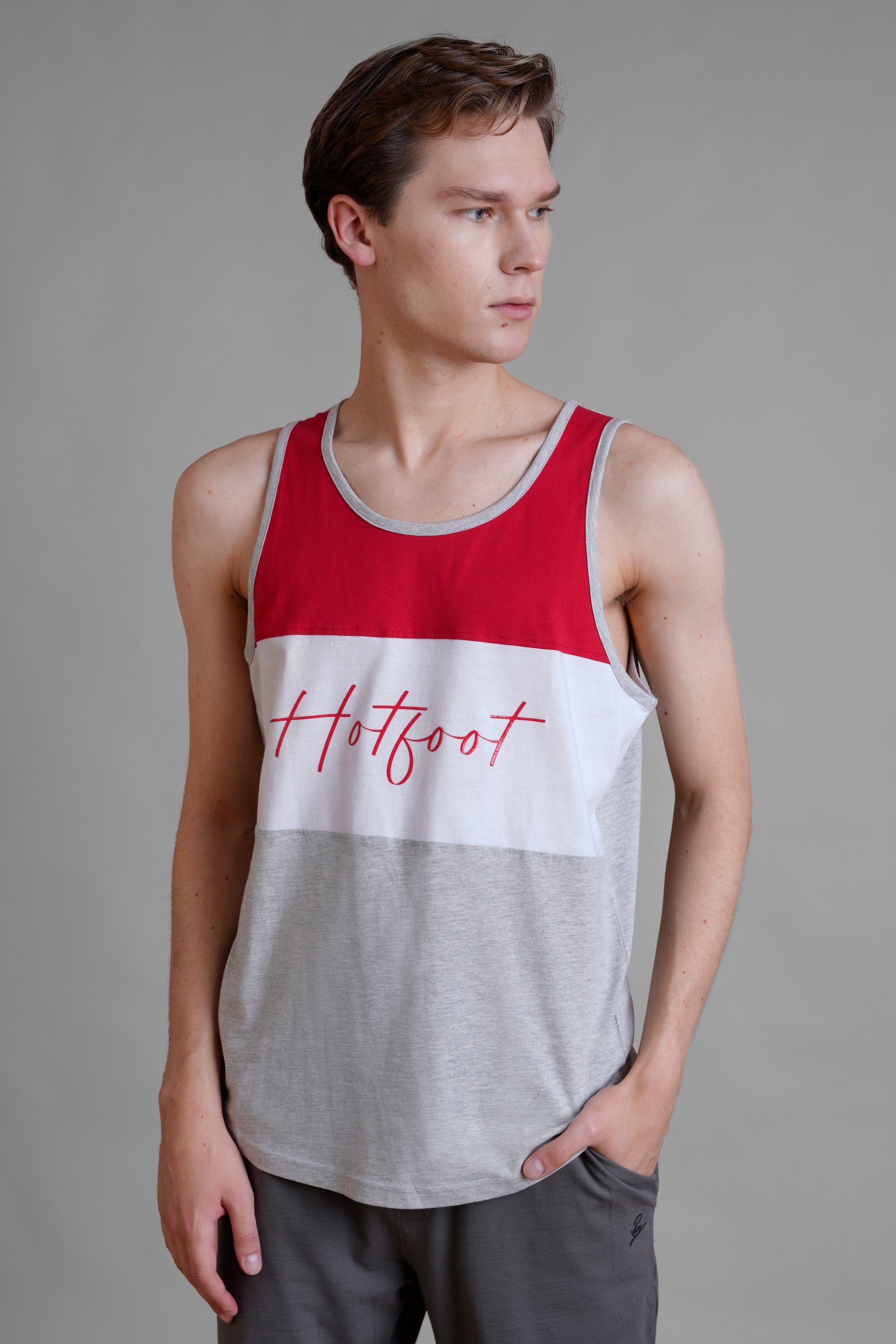 Enorsia Men's Red/White/Grey Colour Block Hot Foot Printed Vest - Uk Xl