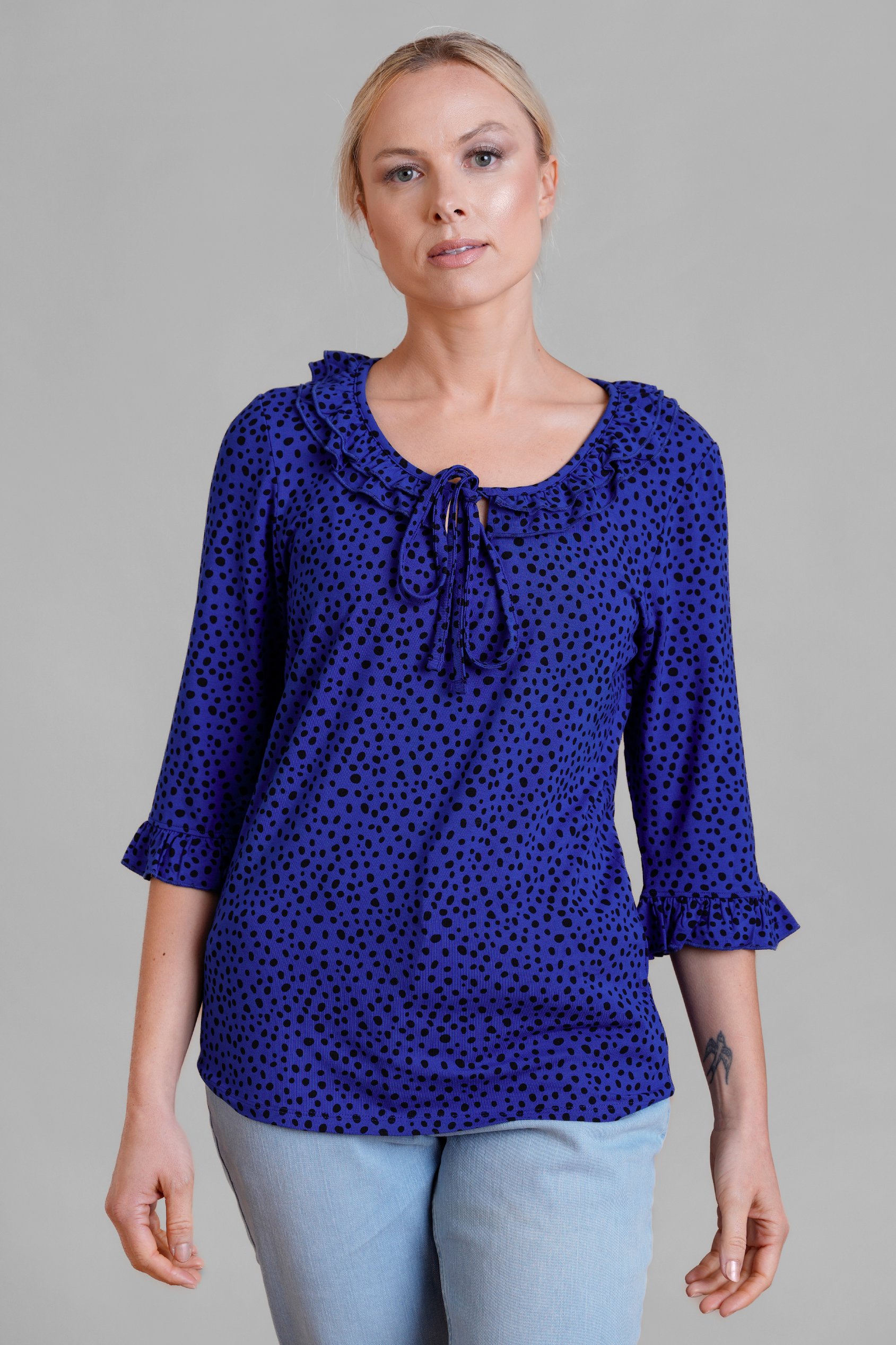 Enorsia Women's Blue Polka Dot Prints Frill Neck Jersey Blouse - Uk 10