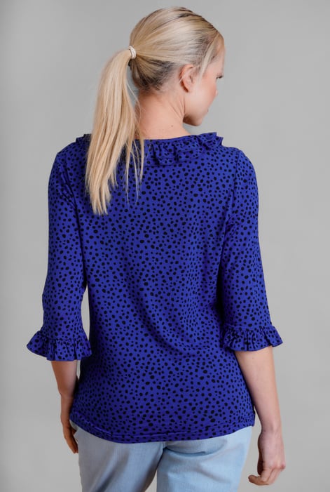 Women's Blue Polka Dot  Prints  Frill Neck Jersey Blouse