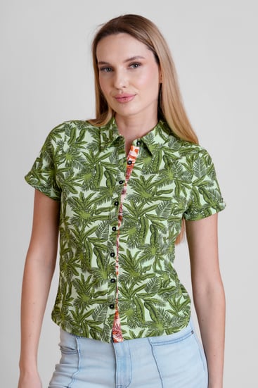 Green Leaf Printed Semi Crop Shirts
