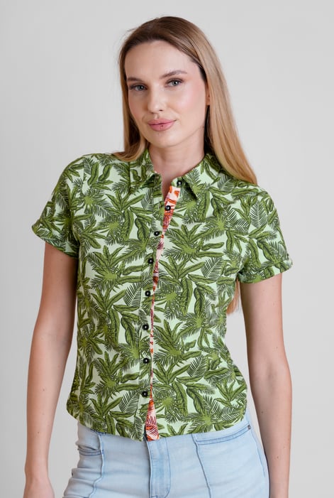Green Leaf Printed Semi Crop Shirts