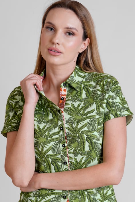 Green Leaf Printed Semi Crop Shirts
