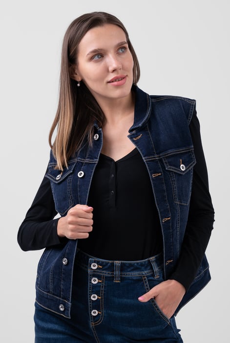 Womens Deep Blue Sleeveless Button Up Denim Jacket
