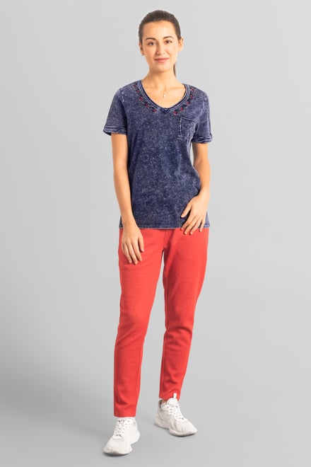 Indigo Washed Embroidered V-Neck T-shirt