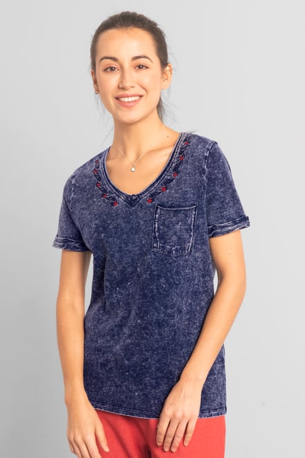 Indigo Washed Embroidered V-Neck T-shirt