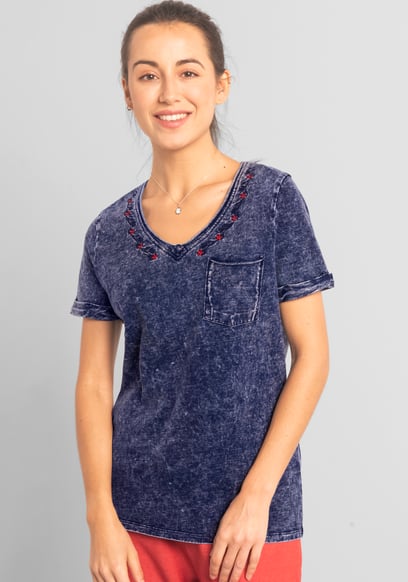 Indigo Washed Embroidered V-Neck T-shirt