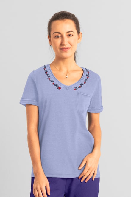 Indigo Washed Embroidered V-Neck T-shirt