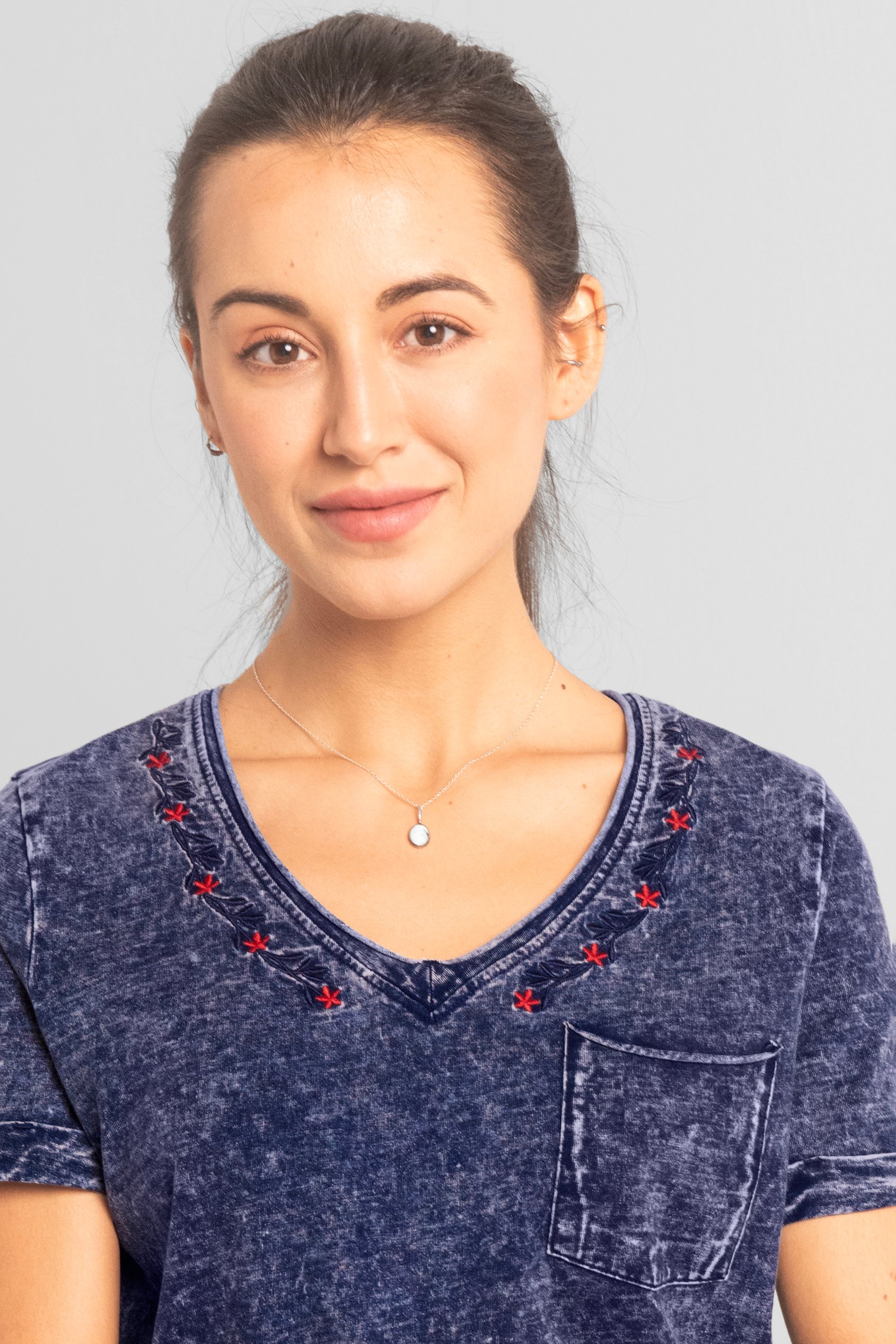 Indigo Washed Embroidered V-Neck T-shirt
