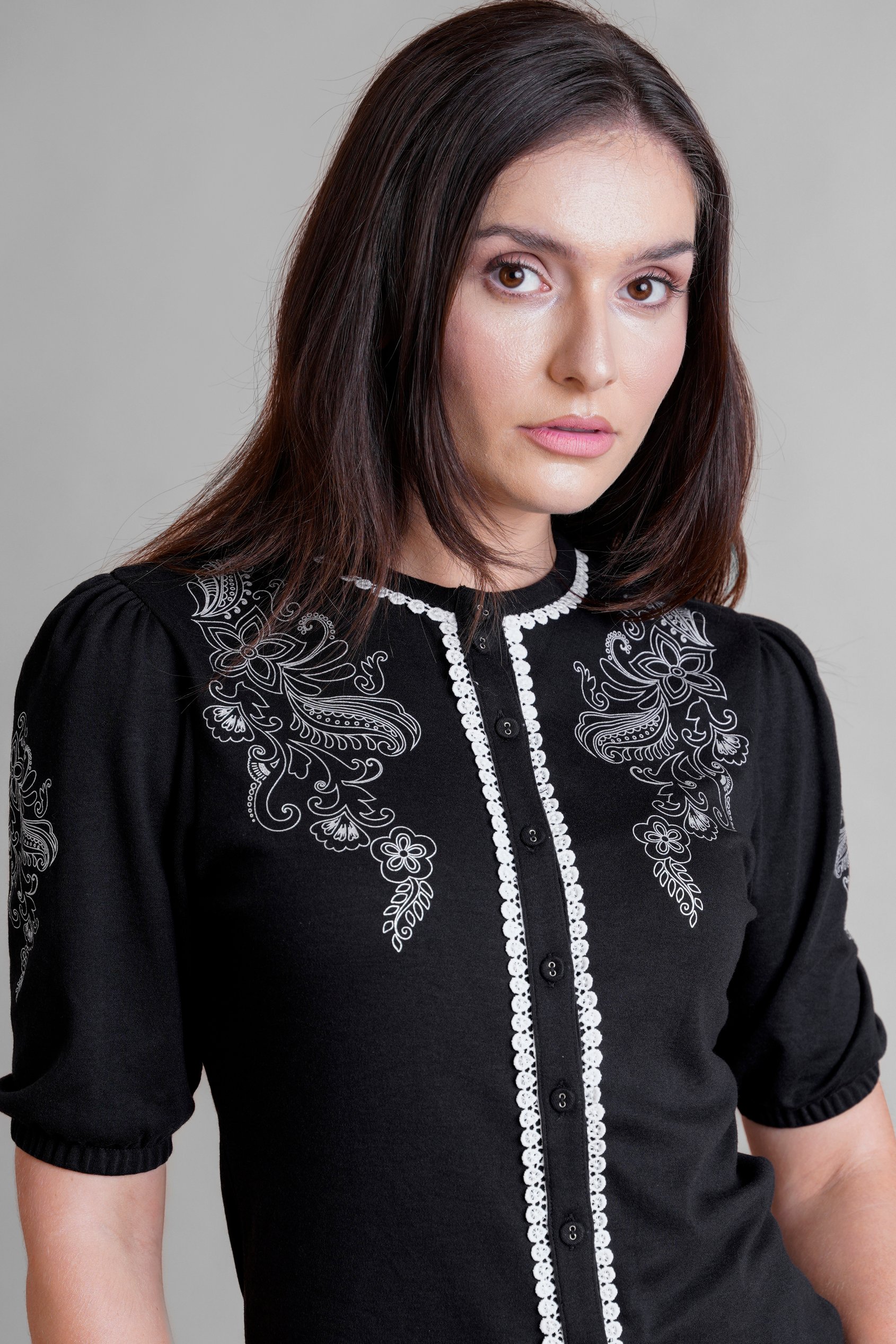 Lace Trimmed Puff Sleeve Tops