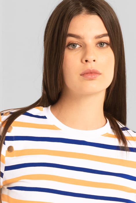 Womens Yellow & Blue Stripe Button Details Stripe T-Shirt