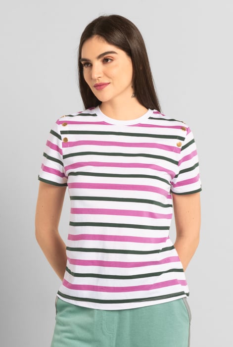 Womens Pink & Green Stripe Button Details Stripe T-Shirt