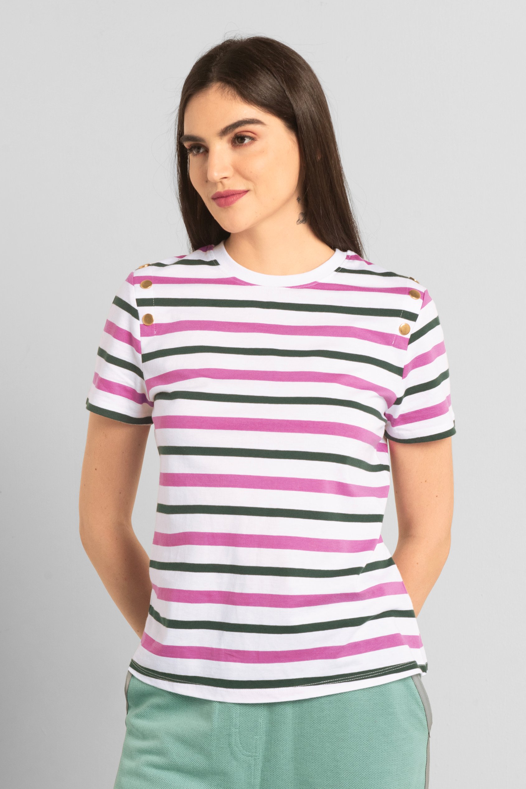Enorsia Women's Pink & Green Stripe Stripe Button Detail T-Shirt - Uk 18
