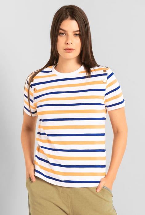 Womens Pink & Green Stripe Button Details Stripe T-Shirt