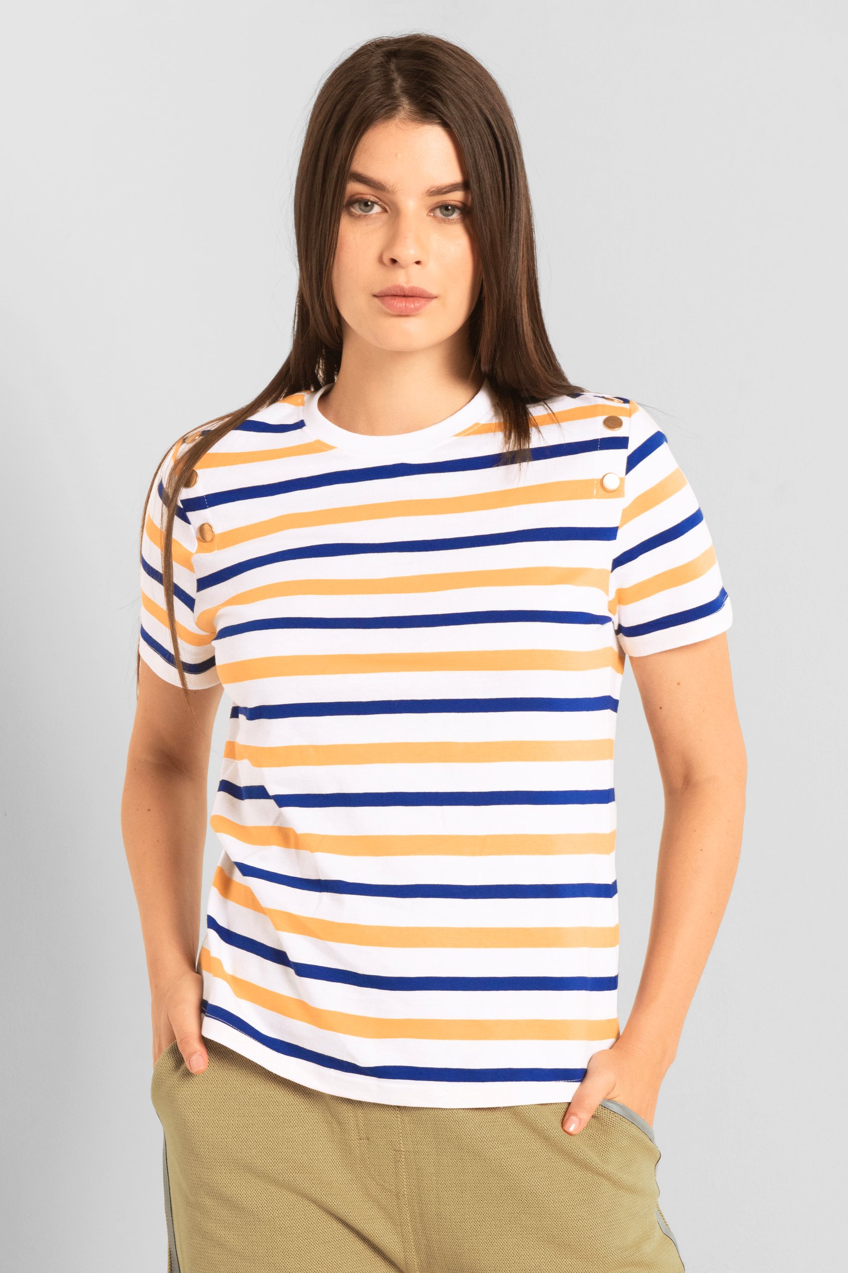 Enorsia Women's Yellow & Blue Stripe Stripe Button Detail T-Shirt - Uk 8
