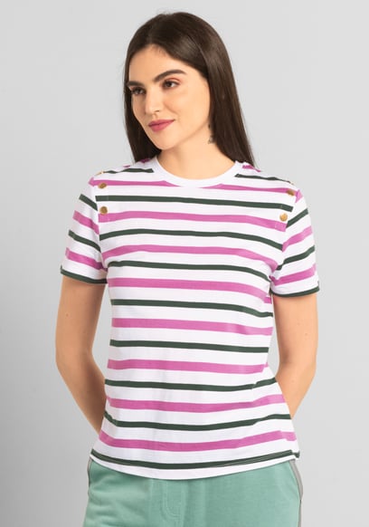 Womens Button Details Stripe T-Shirt