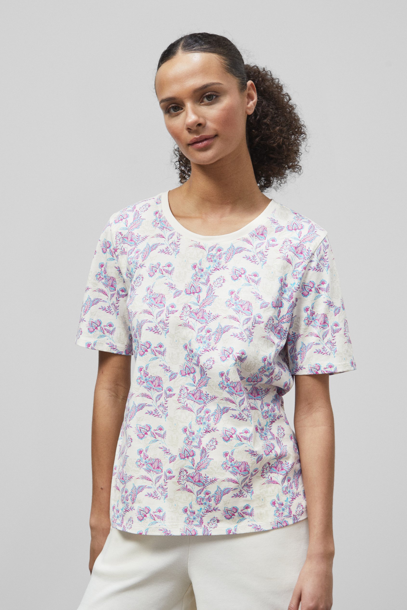Enorsia Women's White Crayon Leaf Printed T-Shirt - Uk 14