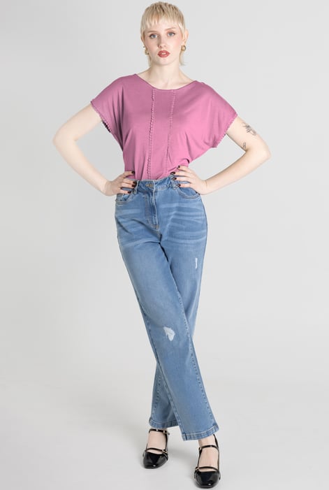 Pink Boat Neck Front Lace Trim Tops