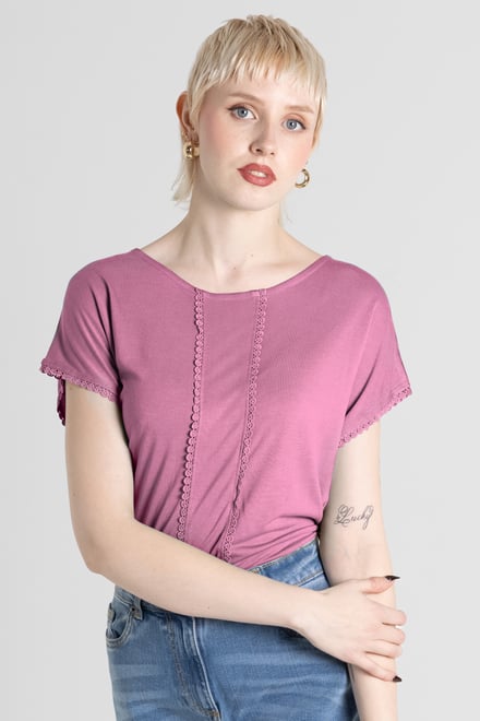 Boat Neck Front Lace Trim Tops