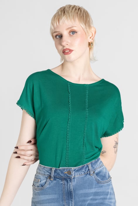 Green Boat Neck Front Lace Trim Tops