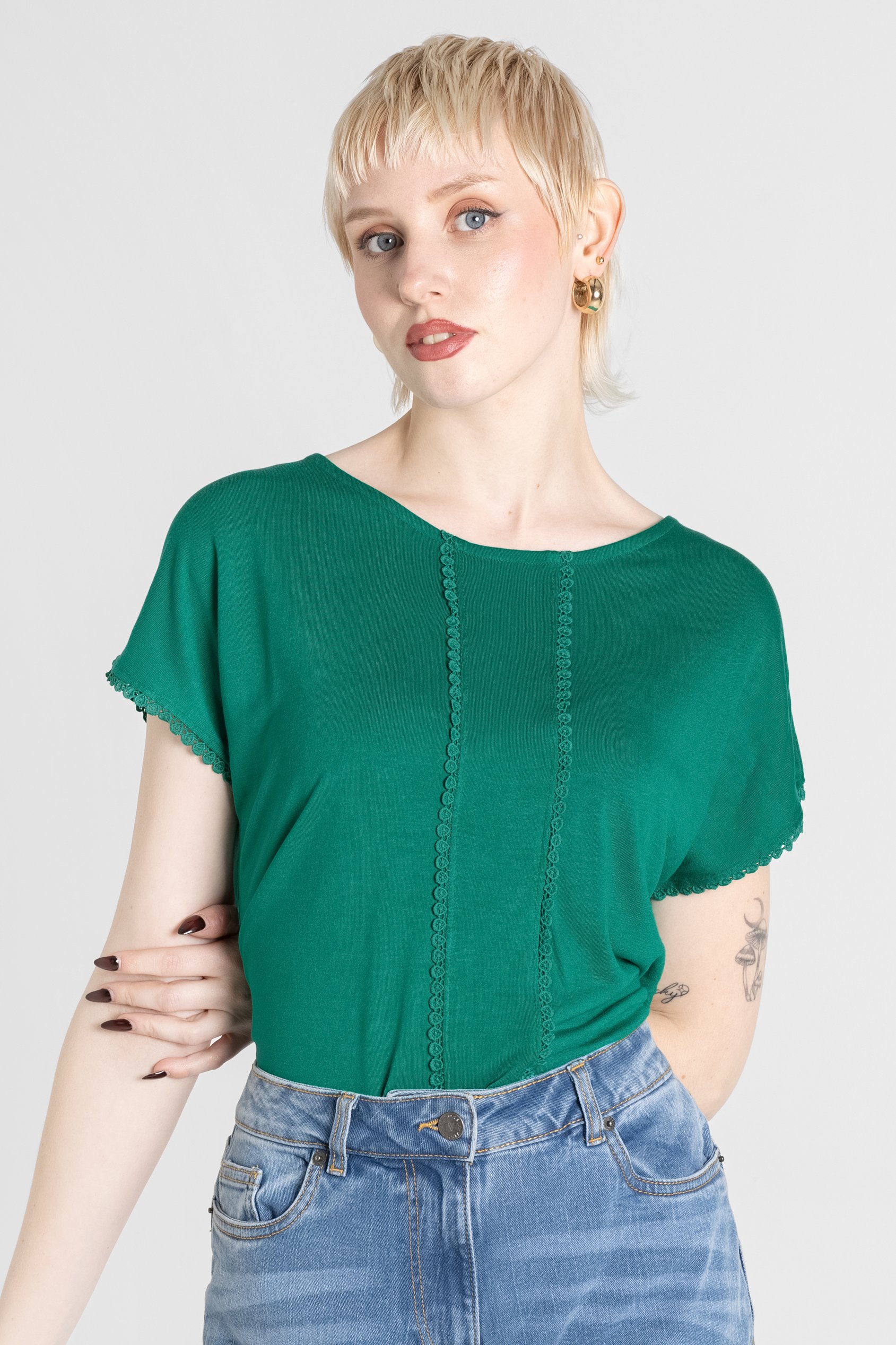 Enorsia Women's Green Lace Trim Boat Neck Jersey Top - Uk 12