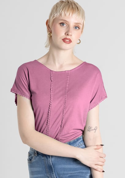 Boat Neck Front Lace Trim Tops