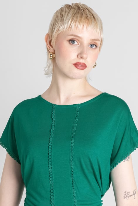 Green Boat Neck Front Lace Trim Tops