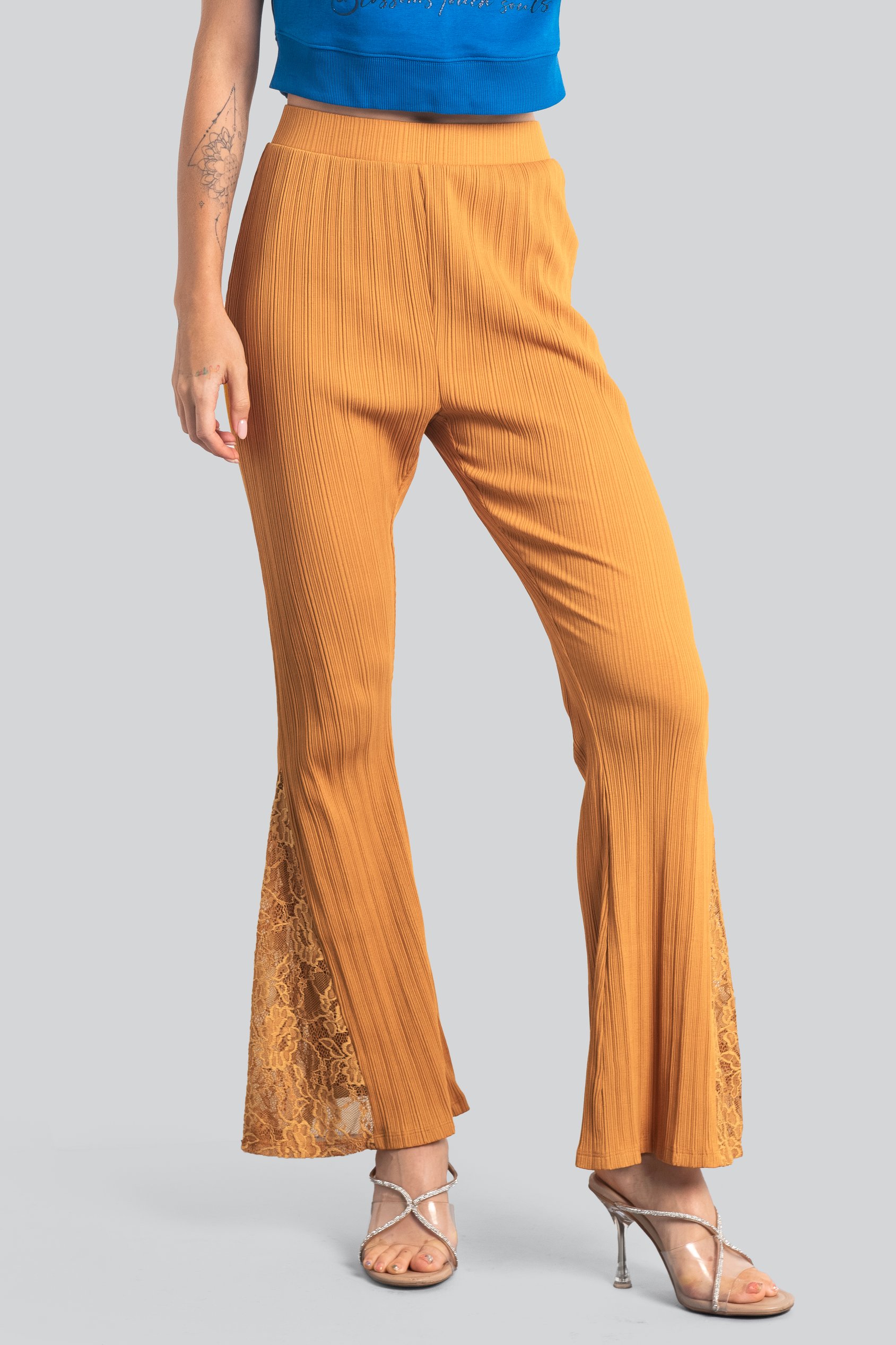 Enorsia Women's Orange High Waisted Lace Insert Flare Leggings - Uk 16