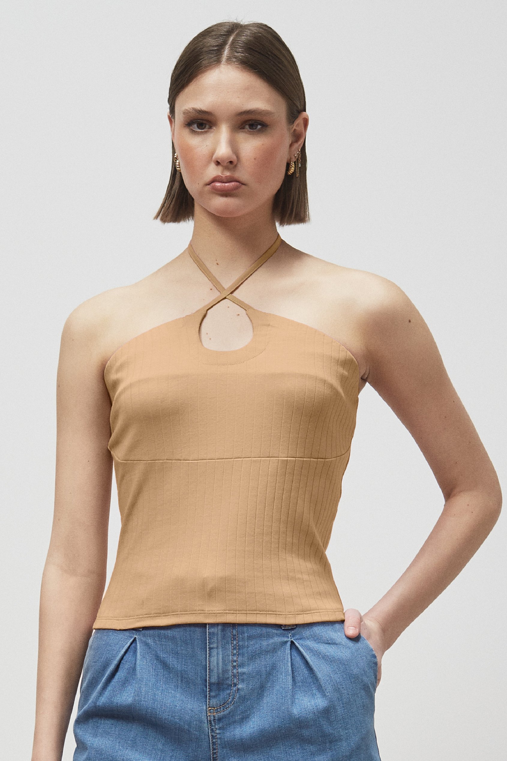 Enorsia Women's Cream Halter Neck Ribbed Cami Vest Top - Uk 8