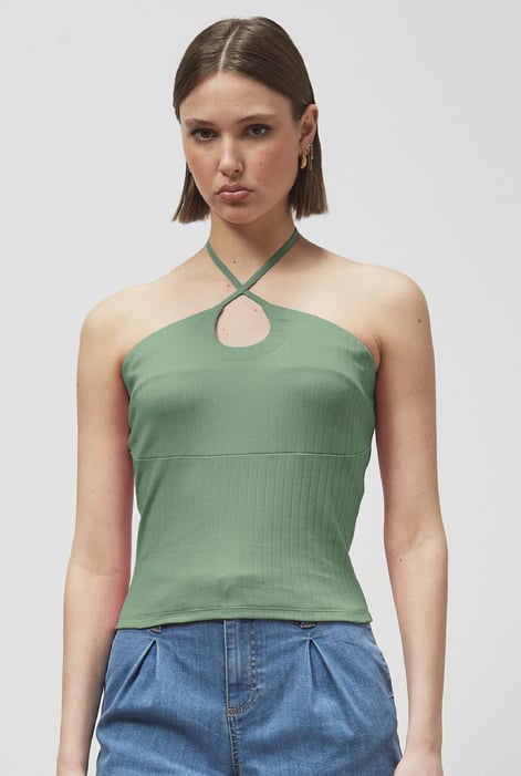 White Halter Neck Ribbed Cami Vest Top