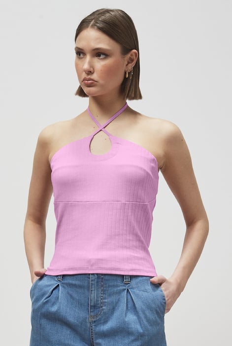 White Halter Neck Ribbed Cami Vest Top
