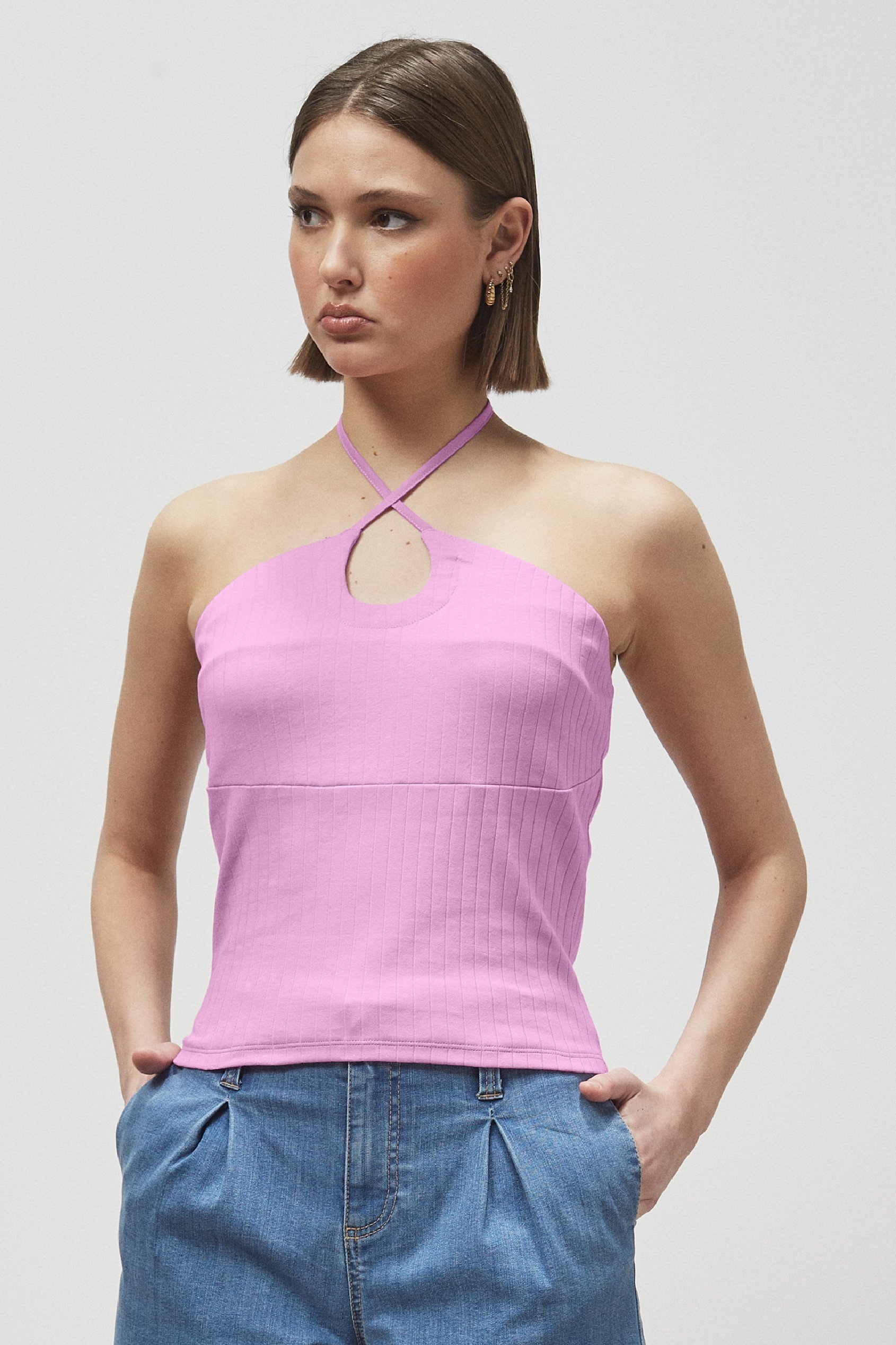 Enorsia Women's Pink Halter Neck Ribbed Cami Vest Top - Uk 8