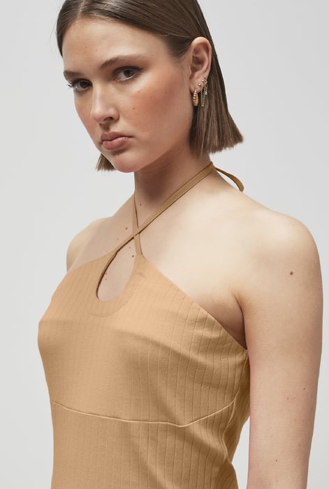 Cream Halter Neck Ribbed Cami Vest Top